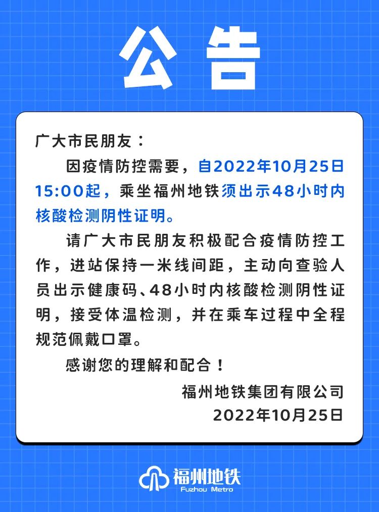 今天15时起，乘福州地铁须出示48小时内核酸证明