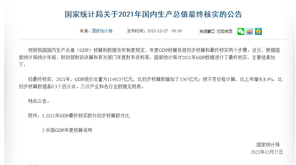 国家统计局：经最终核实2021年GDP现价总量为1149237亿元