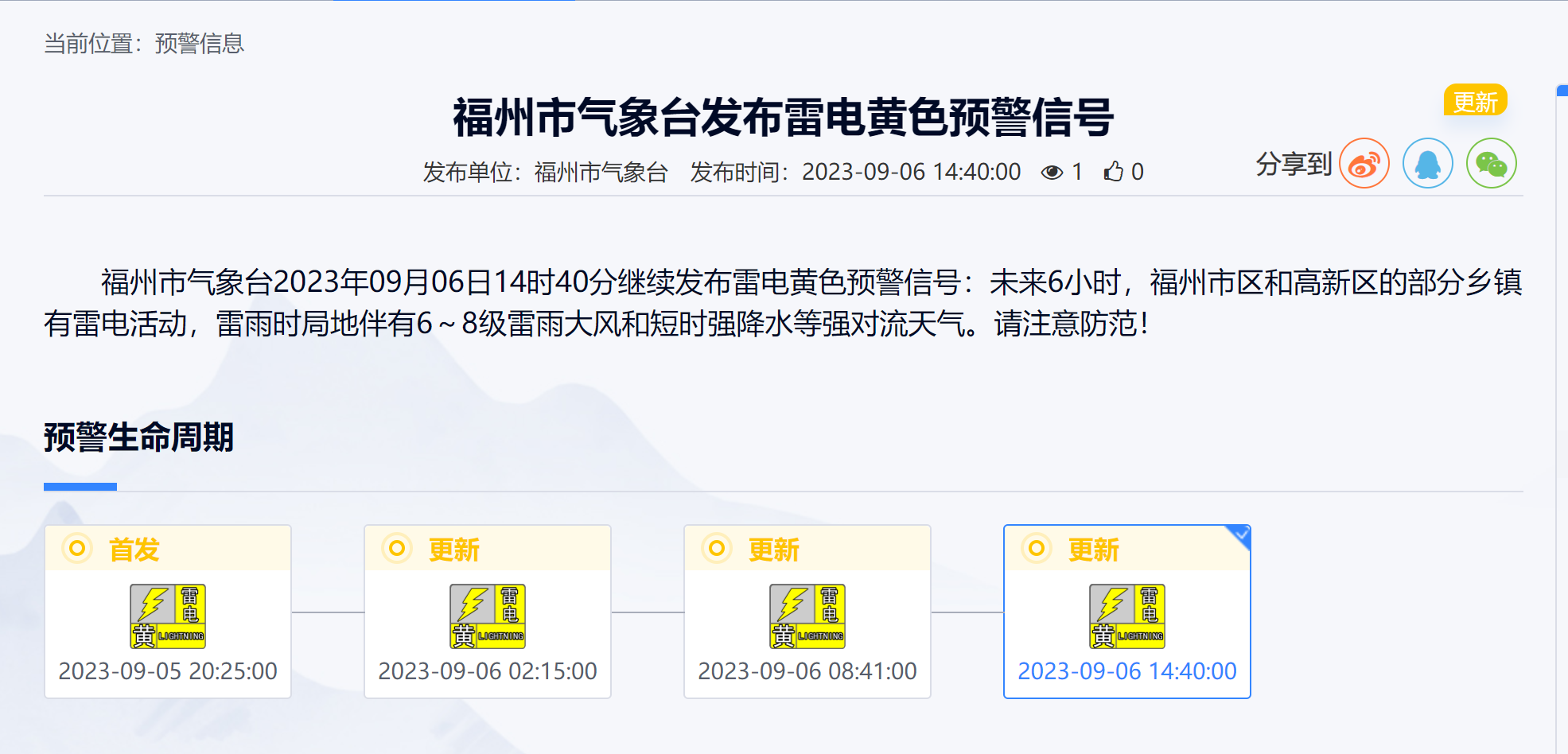注意防范！福州继续发布雷电黄色预警