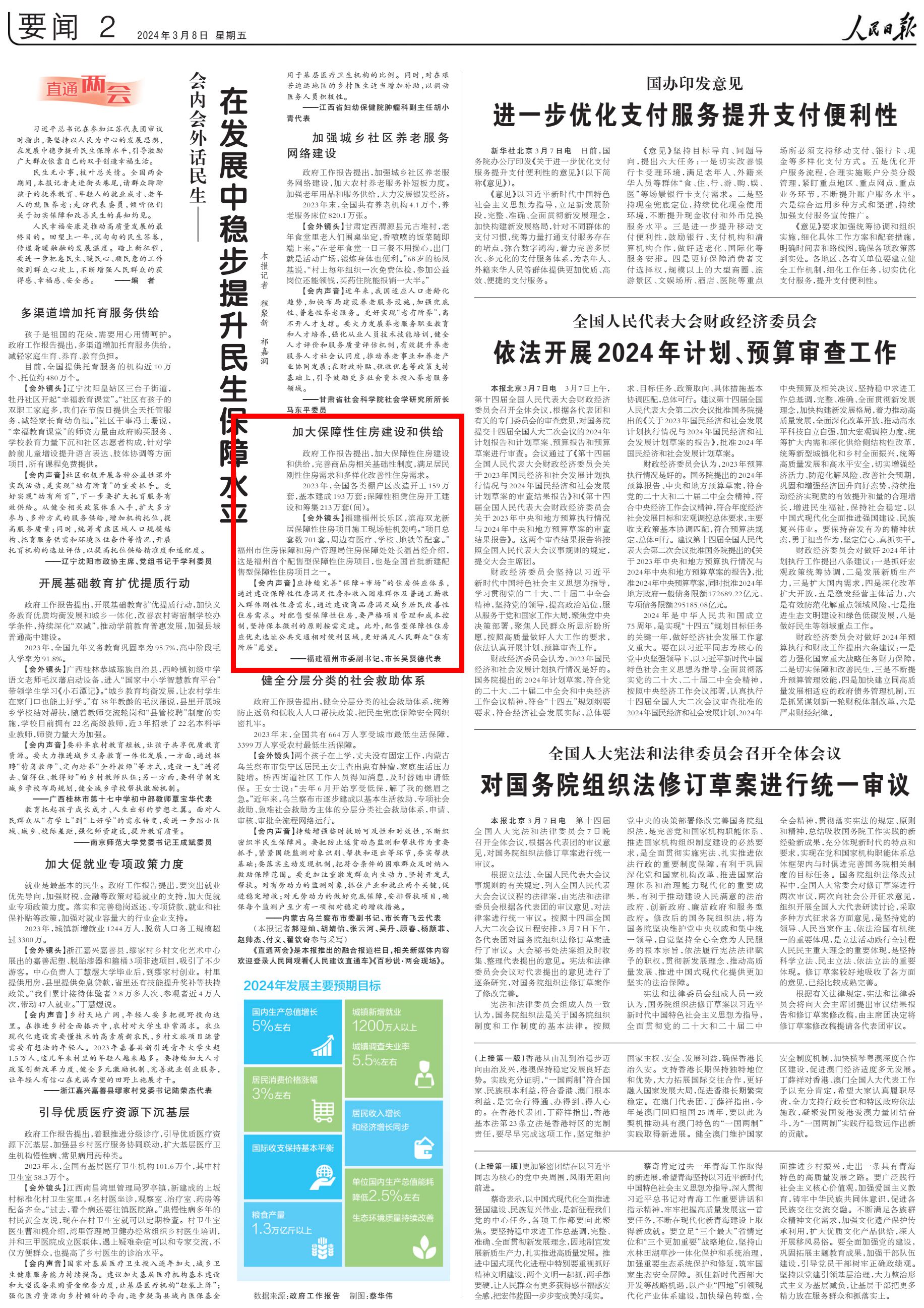 人民日报报道全国人大代表、福州市市长吴贤德声音：加大保障性住房建设和供给