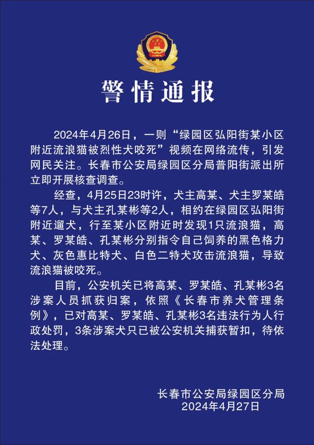 3人驱使烈性犬咬死流浪猫 警方通报