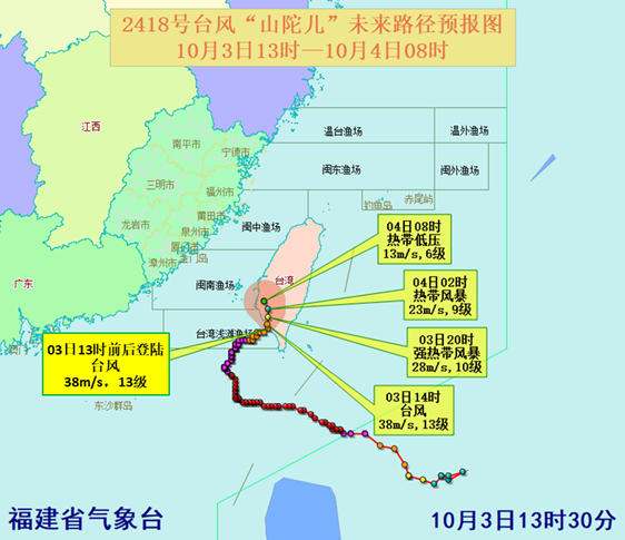 台风“山陀儿”已在台湾省高雄市沿海登陆，今明两天福建沿海海区和渔场仍有大风