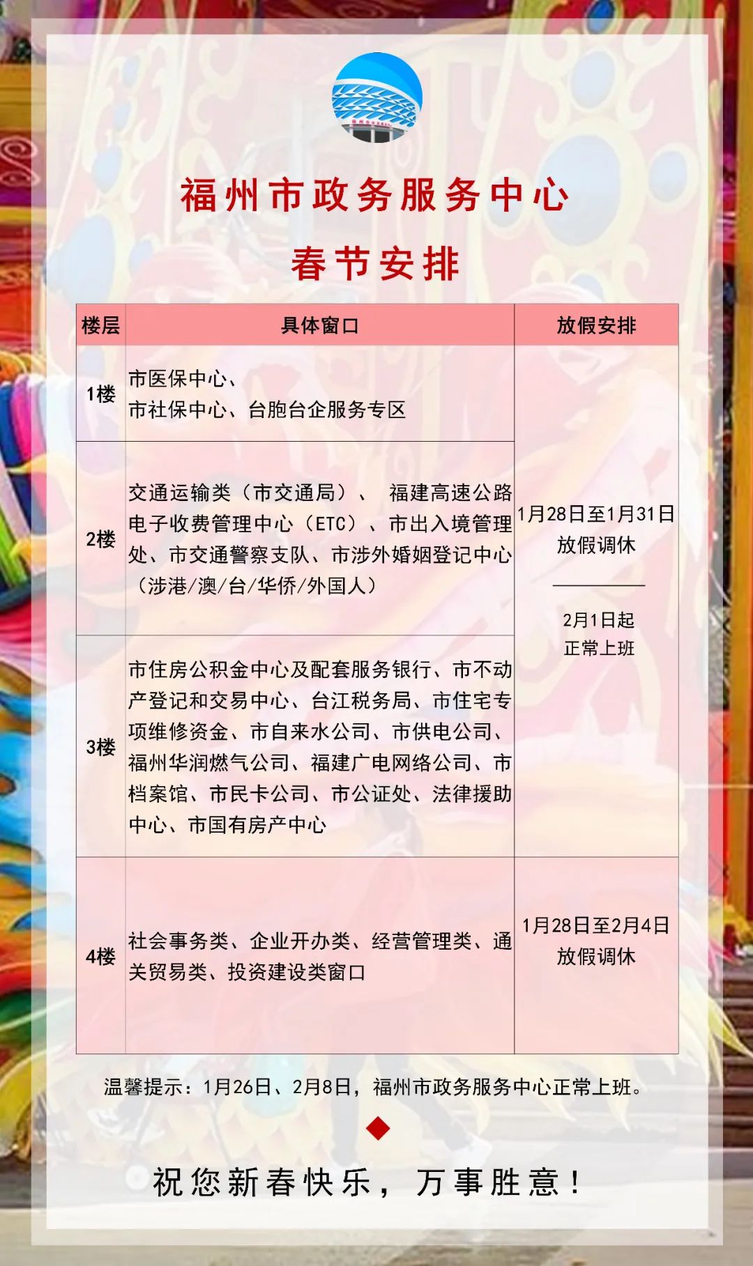 福州市政务服务中心2025年春节安排