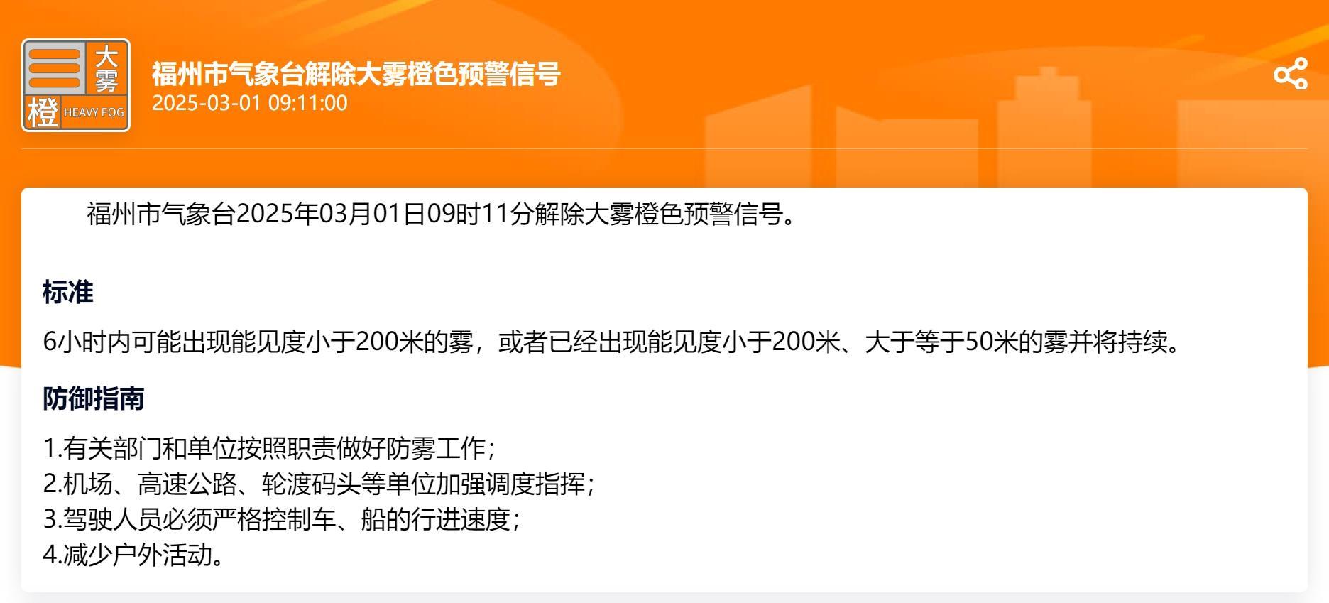 福州解除大雾橙色预警信号