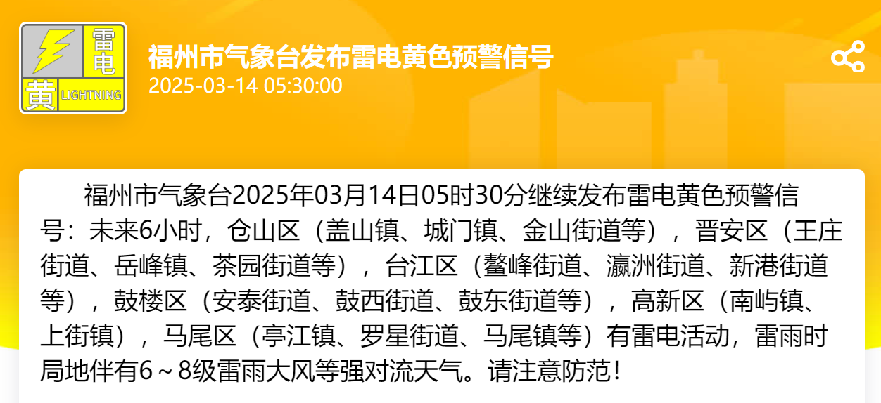 福州发布雷电黄色预警信号