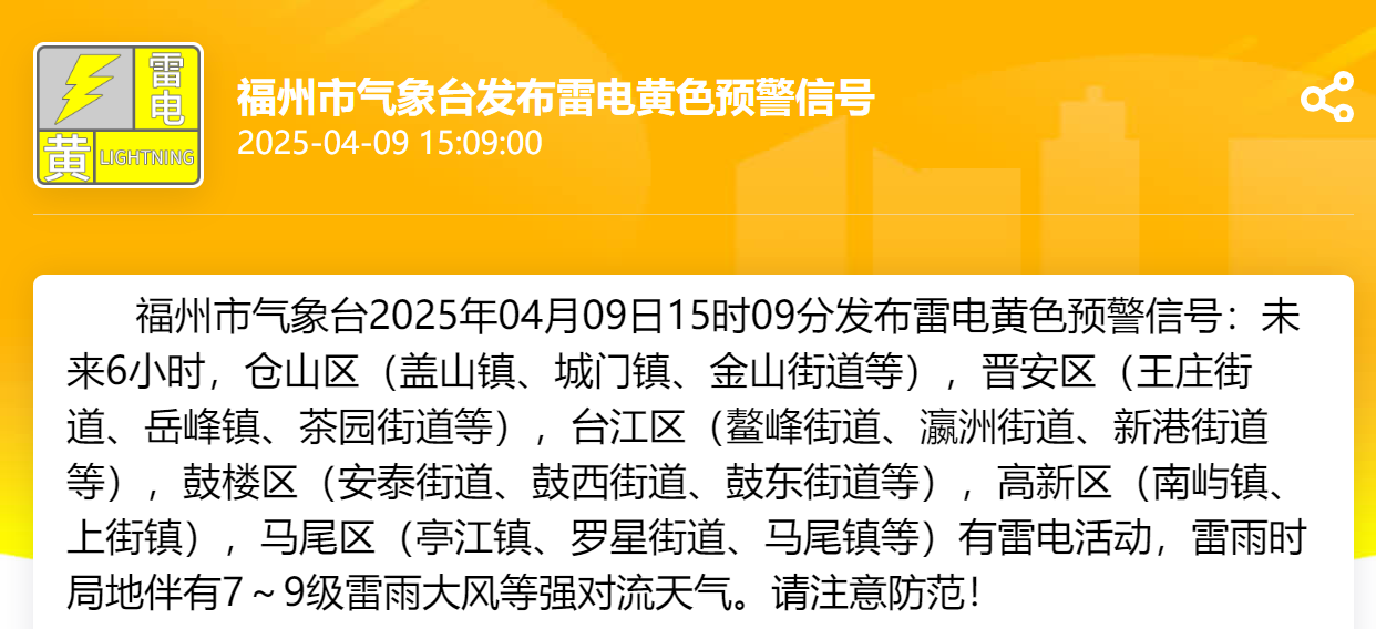 福州发布雷电黄色预警 注意防范强对流天气