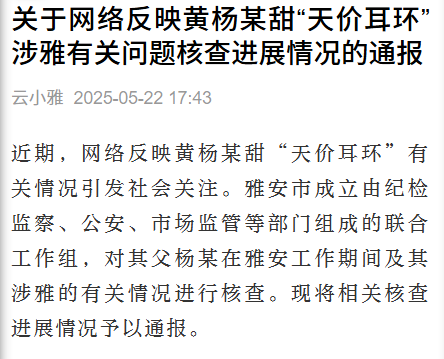 官方通报“天价耳环”最新进展：黄杨某甜父亲被立案调查