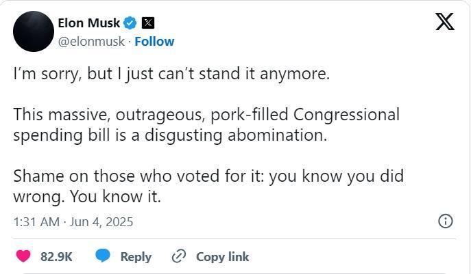 马斯克怒批特朗普税改法案：令人作呕