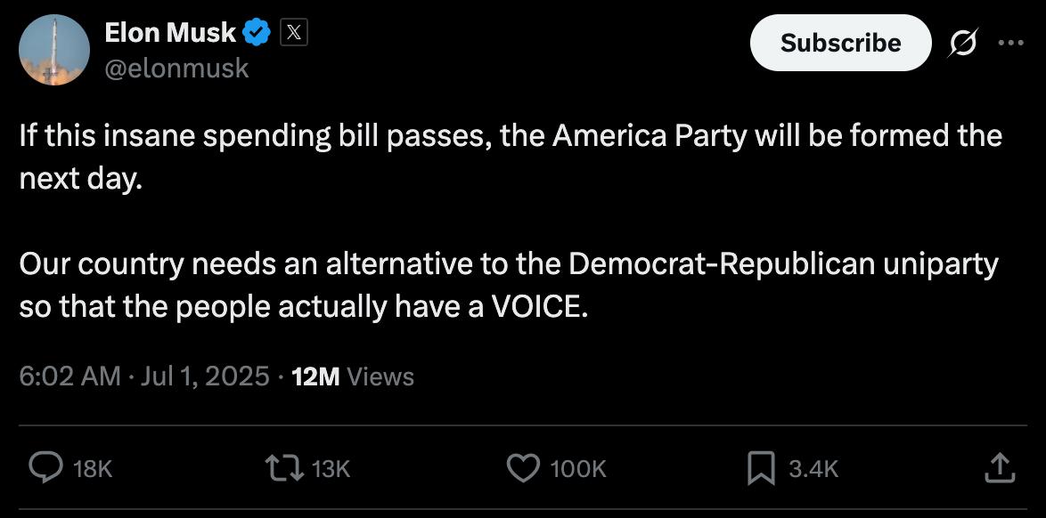 马斯克：“大而美”法案过了就建新党