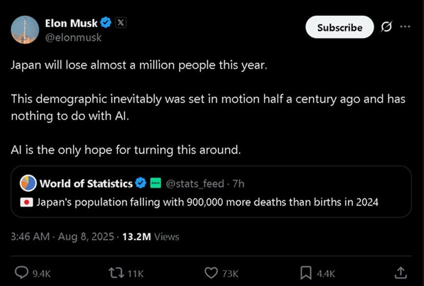 马斯克：“日本今年将减少100万人”