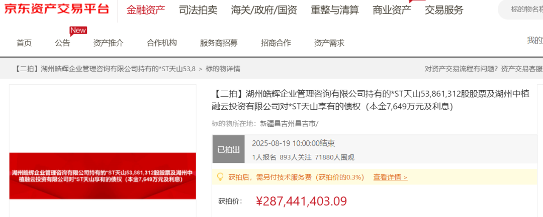 2.87亿元成交！*ST天山或将易主