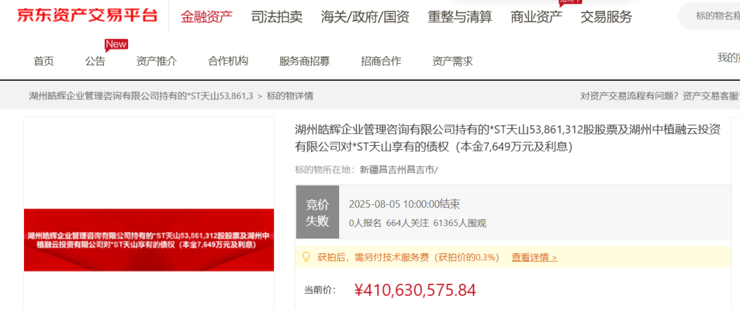 2.87亿元成交！*ST天山或将易主