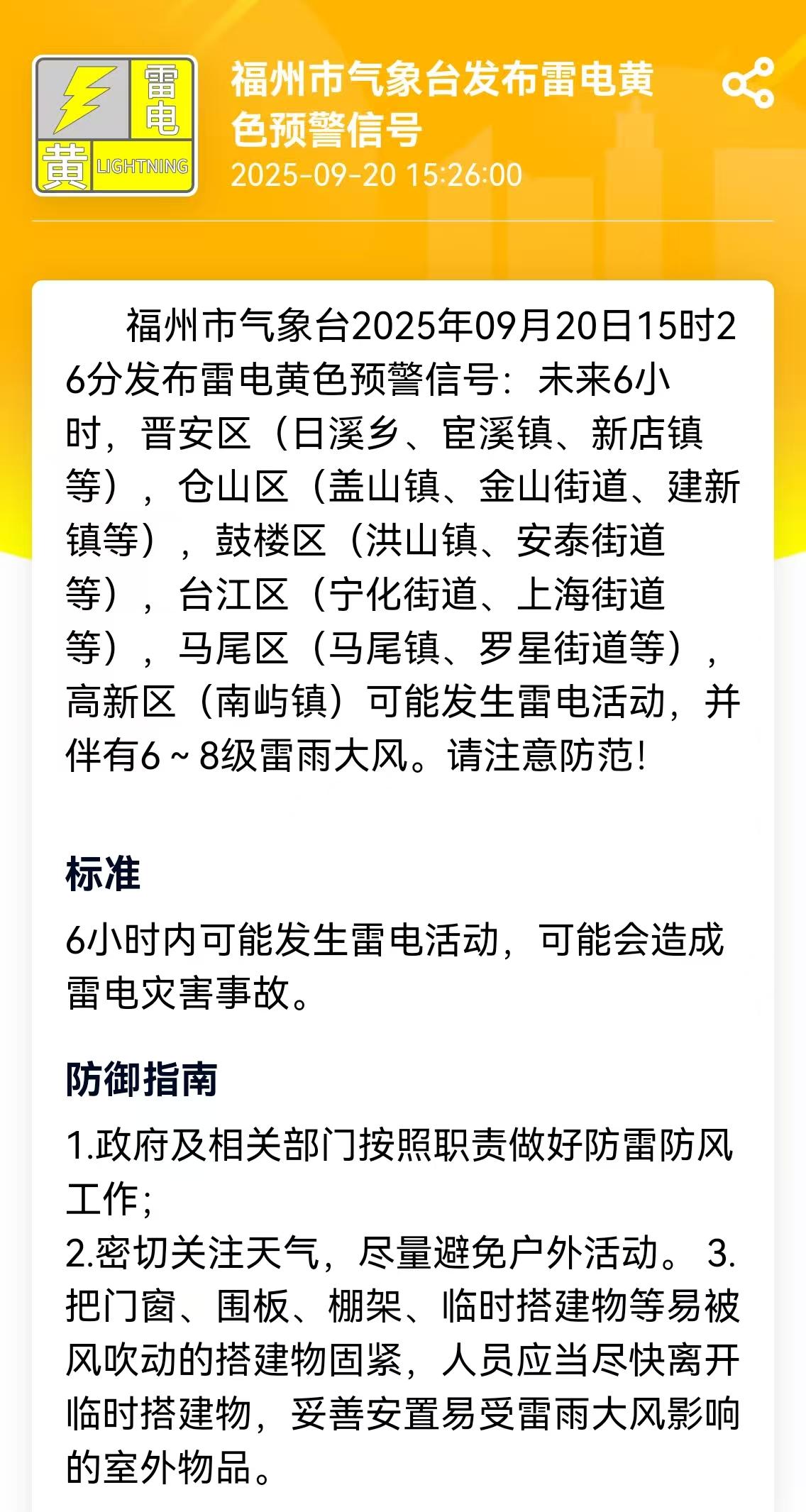 福州发布雷电黄色预警！这些地方注意防范！