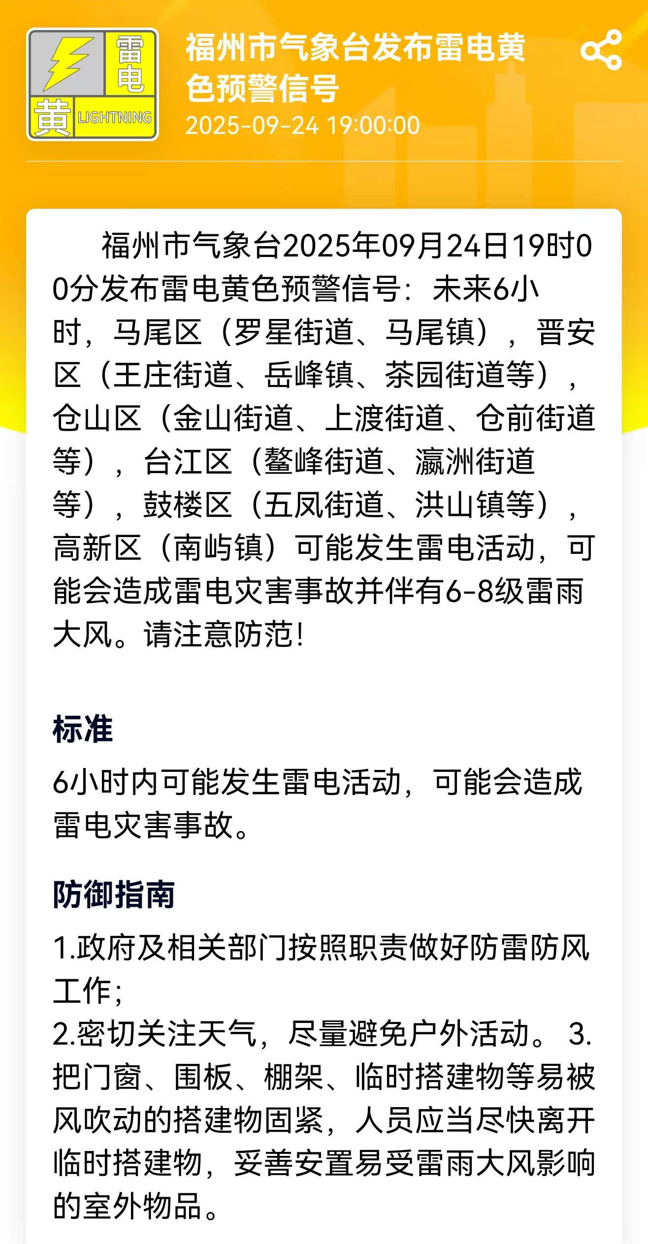 注意！福州发布雷电黄色预警！