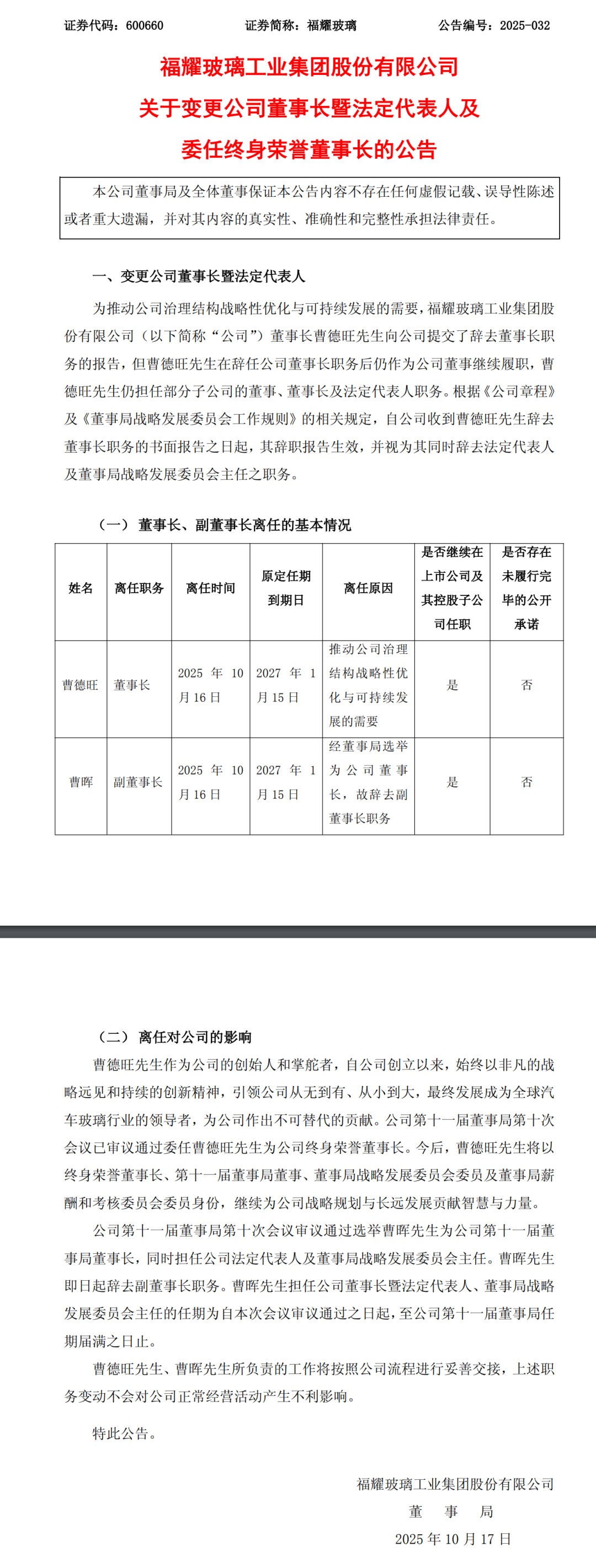 曹德旺辞去福耀玻璃董事长职务,其子曹晖接棒 曹德旺辞去福耀玻璃董事长职务,其子曹晖接棒