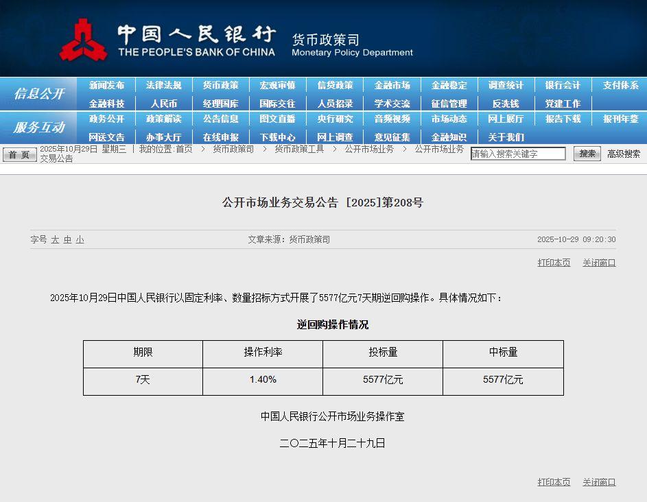 央行公开市场开展5577亿元7天期逆回购操作
