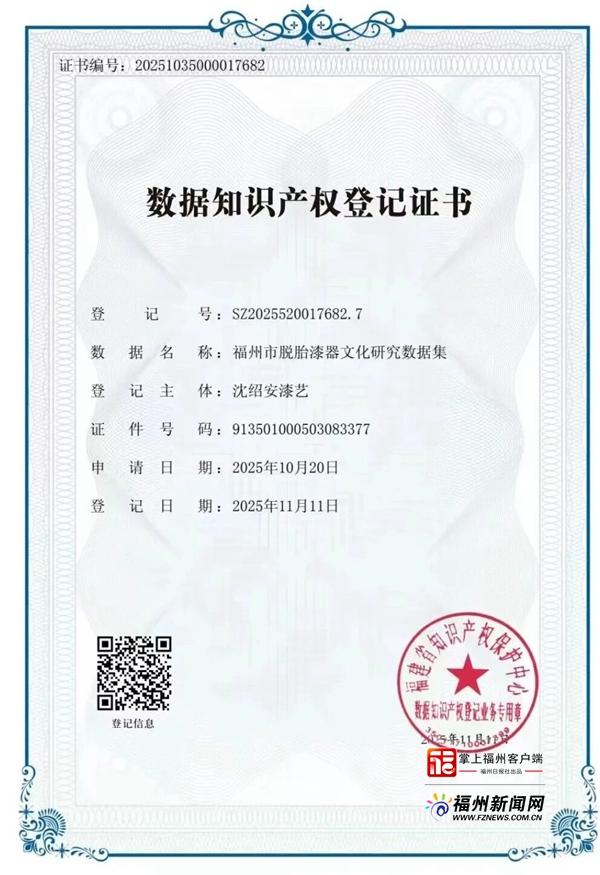 福州首发地理标志产品数据知识产权登记证书