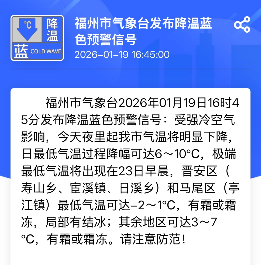 最新预警！今夜起福州气温明显下降→