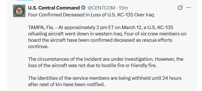 美军说坠毁加油机上4人死亡