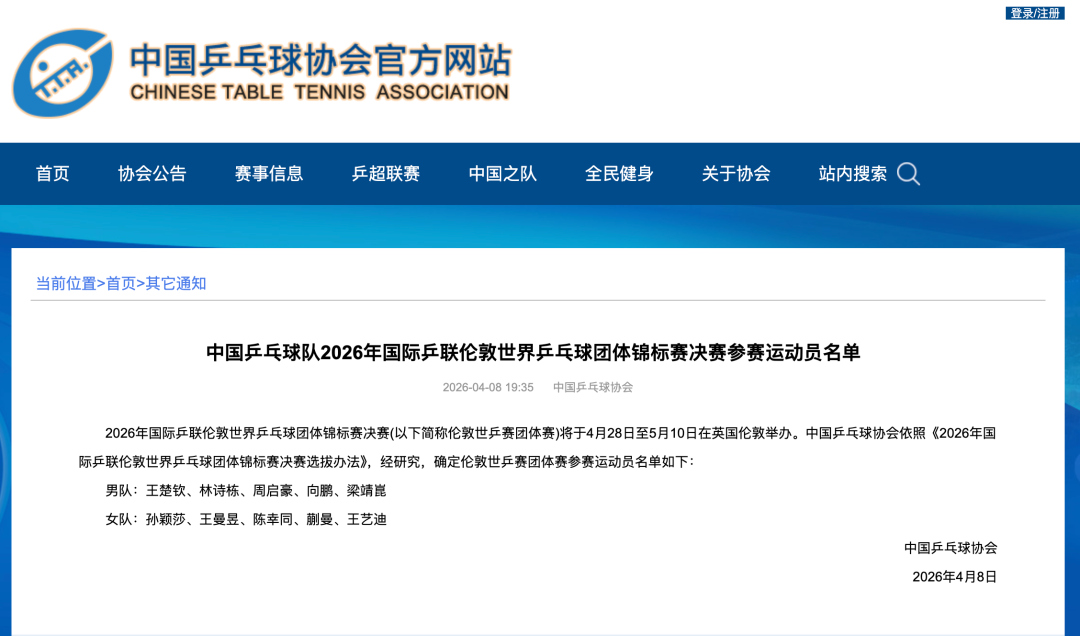 中国乒协公布伦敦世乒赛团体名单！樊振东表示因个人原因自愿放弃参赛资格
