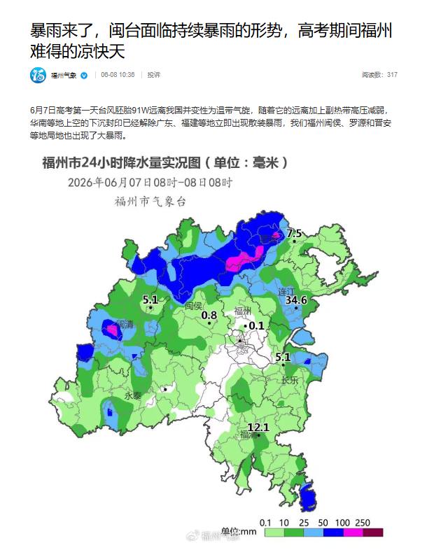 6月9日福州气温将骤降5℃！“赶考”记得添衣带伞