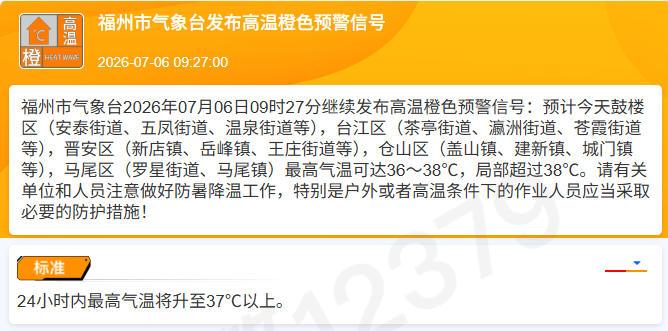 局部超过38℃!福州继续发布高温橙色预警 局部超过38℃!福州继续发布高温橙色预警